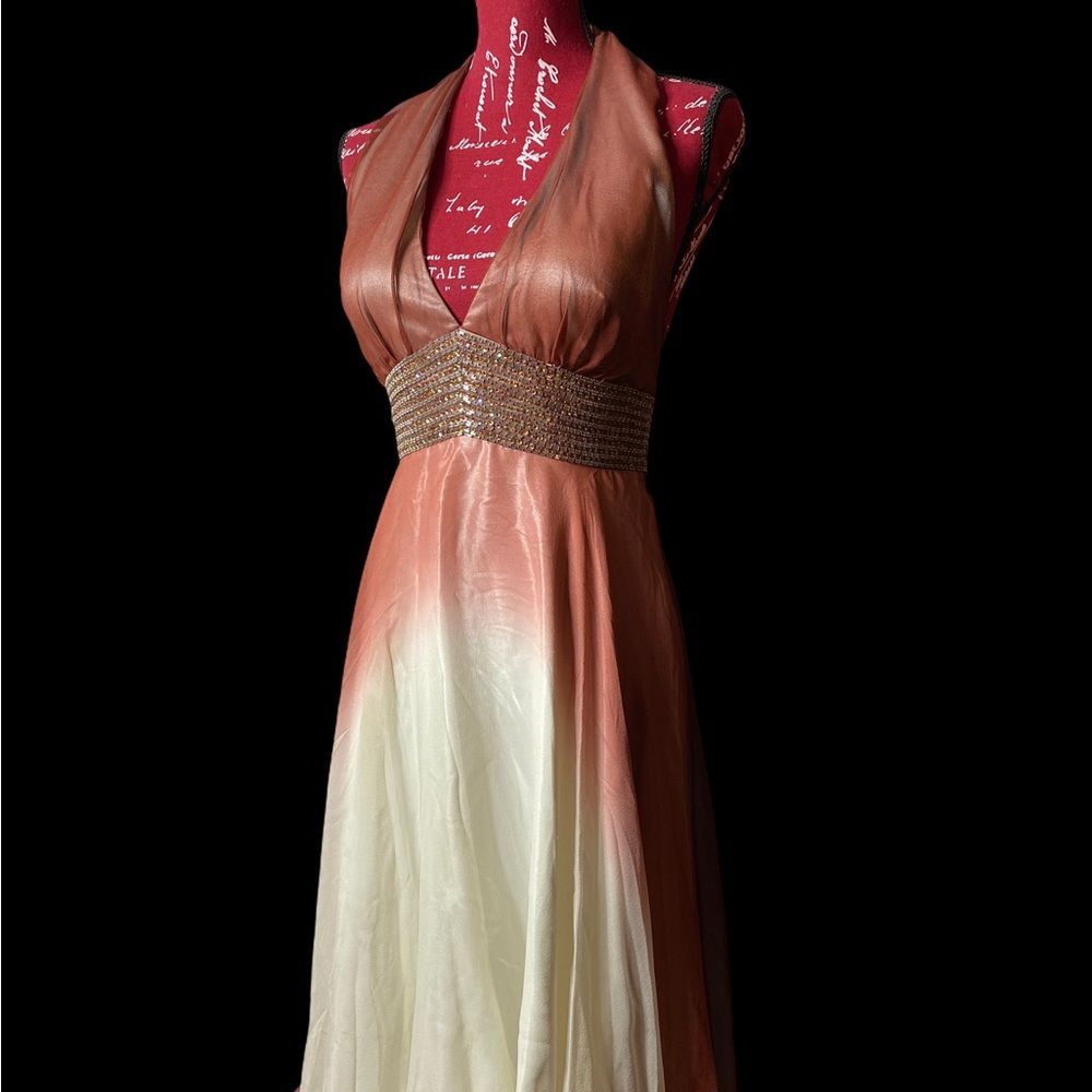1001 Nights Carabella Halter Ombré Chiffon Gown Beaded Waist Sz 6 Vintage